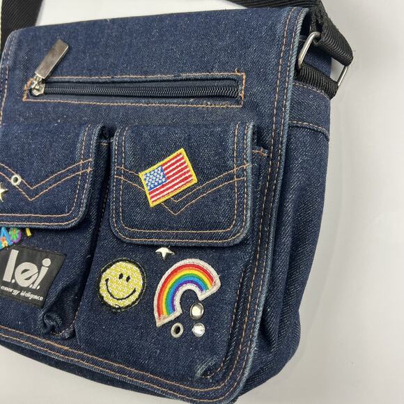 LEI Jeans Denim Crossbody Bag Blue American Flag Smiley Love Patches Y2K - Picture 2 of 14